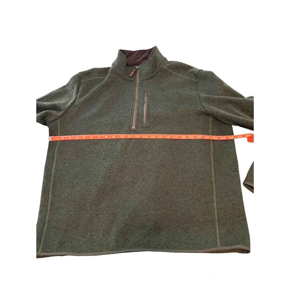 Lands' End Mens Sweater Fleece Quarter Zip Pullover Green Leather Trim Large